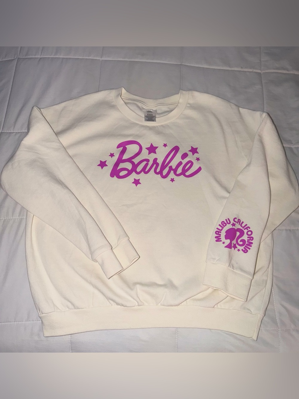 Barbie Cream Crewneck with Hot Pink Logo and Sleeve Graphic - XL